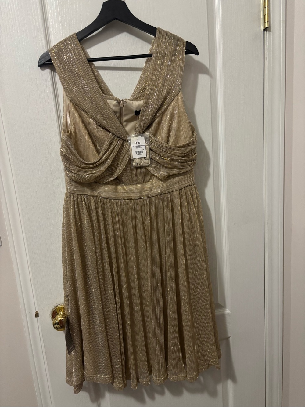 Gold Metallic Pleated V-Neck Party Dress
